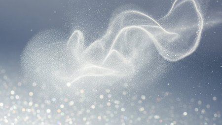 A soft, ethereal abstract composition featuring swirling tendrils of white smoke or fine dust particles against a muted blue background. The foreground is filled with a bokeh effect of shimmering, out-of-focus lights, creating a sense of depth and sparkle. The delicate, flowing forms evoke a feeling of gentle movement and serene beauty, making it backgrounds or conceptual imagery.の素材