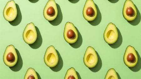 A vibrant and clean studio shot numerous halved avocados arranged in a precise, repeating pattern against a bright, light green background. Each avocado half reveals its creamy green flesh and central brown pit, creating a visually appealing and symmetrical composition. The overhead perspective emphasizes the of the arrangement, making it related to healthy eating, organic produce, or food-related themes. The bright lighting and simple color palette contribute to a fresh and modern aesthetic.の素材