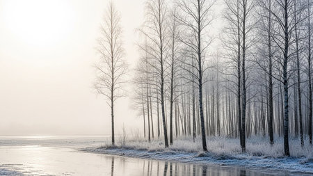 A serene winter scene unfolds with bare trees covered in delicate frost lining the edge of a body of water. The water's surface is partially frozen, reflecting the pale, diffused light of a misty morning. The overall atmosphere is one of profound stillness and quietude, with the muted colors and soft focus creating an ethereal and tranquil mood. The scene evokes a sense of natural beauty in the harshness of winter.の素材