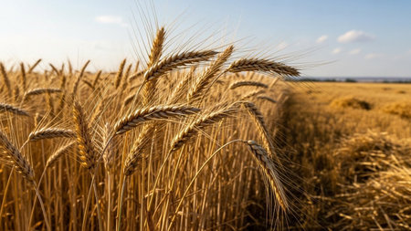 A close-up view of ripe golden wheat stalks swaying gently in the breeze under a vast, clear blue sky dotted with soft white clouds. The sunlight bathes the field in a warm, golden hue, highlighting the texture of the grain heads and the dry stalks. In the background, the field stretches towards the horizon, with a section appearing to been recently harvested, showcasing the bounty of the agricultural season. The evokes a sense of abundance, natural beauty, and the promise of sustenance.の素材