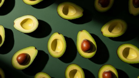 An overhead view of fresh, vibrant green avocados, many of them halved to reveal their creamy flesh and prominent brown pits. The fruits are arranged in a visually appealing pattern on a dark green, textured background. The lighting creates subtle shadows, adding depth to the composition. highlights the natural beauty and healthy appeal of avocados, food-related health and wellness themes, or culinary inspiration.の素材