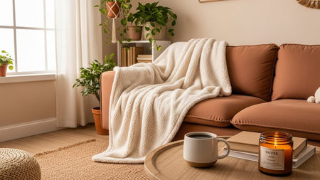 A warm and inviting interior scene a cozy living room corner. A plush, rust-colored sofa is draped with a soft, cream-colored sherpa blanket. On a round wooden coffee table, a white mug with a steaming beverage, a stack of books, and a lit scented candle create a sense of comfort and relaxation. Natural light streams in from a nearby window, illuminating the scene.の素材