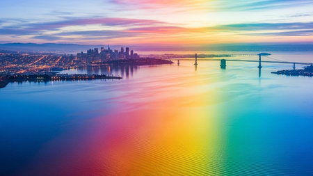 An awe-inspiring aerial view of the San Francisco skyline and bay during a vibrant sunset. The sky is painted with a spectrum of pastel colors, and a rainbow reflection stretches across the calm water of the bay. The iconic city skyline and the Bay Bridge are silhouetted against the colorful sky. The water's surface ripples gently, enhancing the reflection of the rainbow and the city lights. The scene is peaceful and visually showcasing the beauty of the city at twilight.の素材