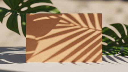 A minimalist composition featuring the sharp shadow of a tropical palm leaf cast across a textured beige surface. Two large, vibrant green monstera leaves frame the scene, adding a touch of lushness and organic form. The interplay of light and shadow creates a visually appealing pattern, evoking a sense of summer, nature, and tranquility. The neutral background offers ample copy space.の素材