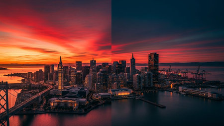 This split showcases the San Francisco skyline at dusk. The left side a dramatic fiery red and orange sunset sky illuminating the city and the Bay Bridge. The right side transitions to a deeper blue twilight sky, highlighting the illuminated city lights and industrial harbor with cranes. The contrast between the two skies emphasizes the changing light and mood of the urban landscape.の素材