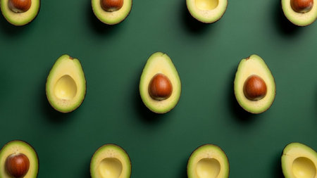 A visually striking pattern of halved avocados is arranged symmetrically against a deep green background. Each avocado half its smooth, light green flesh and a prominent, round brown pit at its center. The repetition of the fruit creates a dynamic and clean aesthetic, themes related to healthy eating, organic produce, or culinary inspiration. The lighting highlights the fresh texture of the avocados.の素材