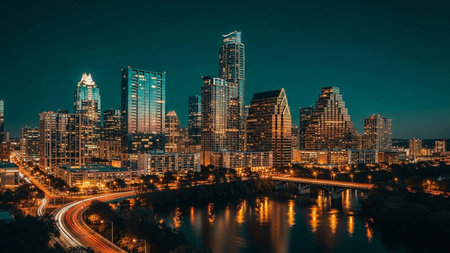 The vibrant city skyline glows against the dark night sky, showcasing a collection of modern skyscrapers illuminated with countless lights. The warm orange and yellow hues of the buildings contrast with the cool teal tones of the sky. A wide river flows through the foreground, perfectly reflecting the city lights, creating a visual effect. A bridge spans the water, with streaks of car lights indicating the constant flow of traffic, adding a sense of dynamism to the urban landscape.の素材