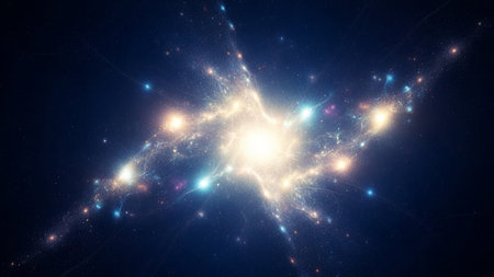 A view of a luminous cosmic nebula, radiating intense light from its core. Swirls of golden and white energy emanate outwards, interspersed with vibrant specks of blue, purple, and pink light, resembling distant stars or gas clouds. The deep blue background is dotted with tiny points of light, creating a sense of vastness and depth within the universe. This abstract representation evokes a feeling of awe and the immense power of celestial events.の素材