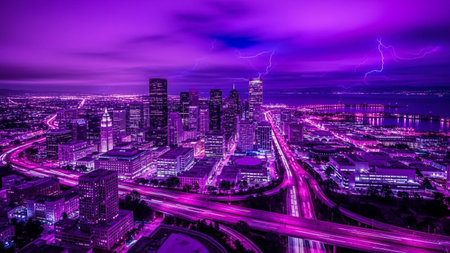 A dramatic and vibrant cityscape at night, bathed in intense purple light. Lightning streaks across the dark sky, illuminating the towering skyscrapers and the intricate network of glowing roads and highways. The city is a spectacle of neon colors and electric energy, with countless lights reflecting off surfaces. The conveys a sense of power, futurism, and the raw energy of a metropolitan area under a dramatic storm.の素材