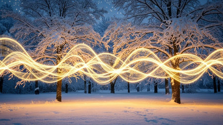 A serene winter forest at night is transformed by a display of golden light waves. Snow-covered trees with bare branches stand in the foreground and background, dusted with a soft blanket of snow. The light forms intricate, flowing patterns that weave through the trees, creating an ethereal and magical atmosphere. Tiny sparkling lights are visible in the dark sky above, adding to the enchantment of this winter wonderland.の素材