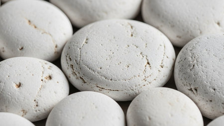 A close-up view of several smooth, round, white stones with a subtly porous texture and visible shadow details.の素材