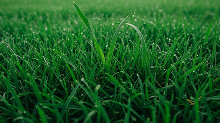 A detailed macro shot of vibrant green grass blades covered in small water droplets, glistening in soft light.の素材