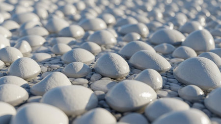 A close-up view of numerous smooth white pebbles and stones creating a textured surface with soft, diffused lighting.の素材