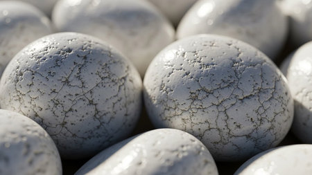 Crack showing close up textured white pebbles with intricate crack patterns and smooth reflective surfaces creating...の素材