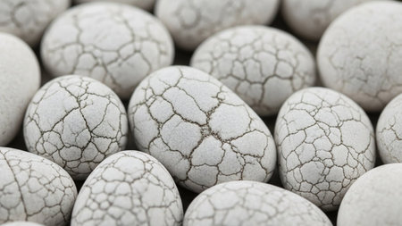 White showing close-up of white spherical stones with cracked surface texture. resolutionの素材