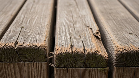 20251228 showing close up of weathered wooden planks on a deck showing cracks grain and mossy texture with a shallow...の素材