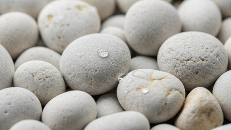 Macro view of smooth white pebbles with clear water droplets glistening on their textured surfaces.の素材