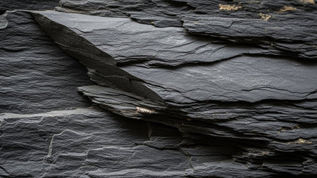 Detailed close-up of layered dark grey slate rock with visible texture and subtle golden mineral flecks.の素材