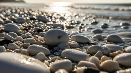 Smooth, wet white and grey pebbles fill the foreground of a beach with gentle waves and sun glare.の素材