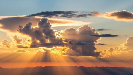 Golden sunbeams dramatically break through dark clouds during a vibrant sunset, casting light over silhouetted...の素材