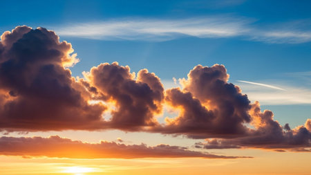 20251228 showing dramatic sunset sky with fiery orange and yellow clouds illuminated by golden sunlight.の素材