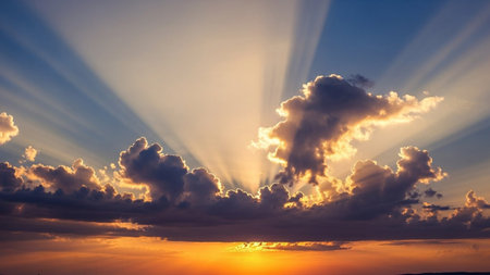 Golden sunbeams radiate from behind dark clouds during a vibrant sunset, casting warm orange and yellow hues across...の素材