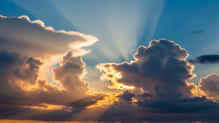 Golden sun rays pierce through dark and light cumulus clouds, creating a dramatic atmospheric effect against a blue...の素材