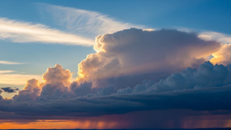 Dramatic cumulonimbus clouds illuminated by golden sunset light, with visible rain shafts descending towards the...の素材