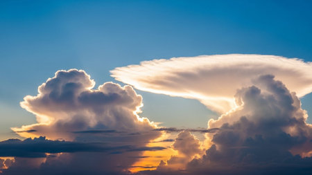cumulonimbus and lenticular clouds are illuminated by the warm golden light of a sunset against a clear blue sky.の素材