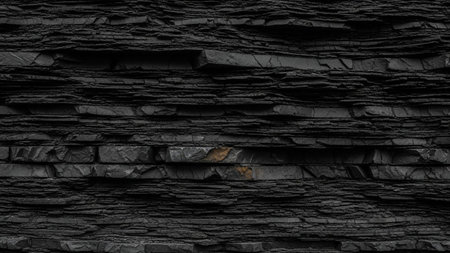 A close-up view of dark gray layered slate rock with horizontal strata and subtle golden hues, showcasing natural...の素材