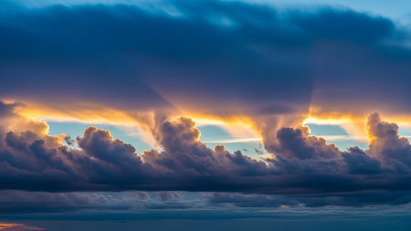 Golden light rays emanate from behind dark, dramatic clouds during a vibrant sunset over the horizon.の素材