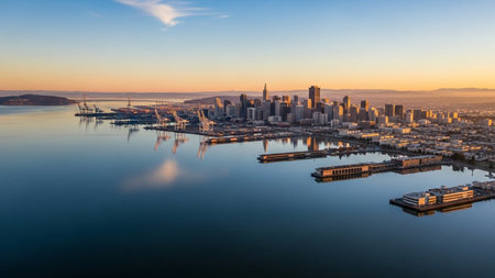 An aerial perspective of the San Francisco skyline and its bustling harbor at sunrise. The city's iconic skyscrapers are illuminated by the warm, golden light of dawn. The calm waters of the bay perfectly reflect the city and the sky, creating a mirror-like effect. Industrial cranes stand tall along the waterfront, hinting at the port's activity. Distant hills and mountains frame the horizon. The overall scene is a blend of urban grandeur and natural tranquility.の素材
