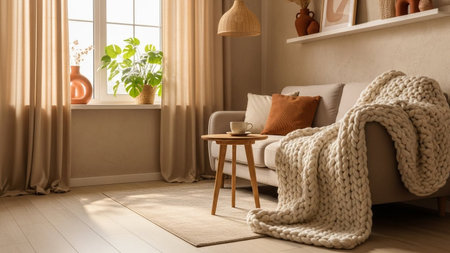 A warm and inviting living room scene featuring a comfortable sofa draped with a chunky knit blanket. A small wooden coffee table holds a cup, and a vibrant green potted plant sits by the window, letting in natural light. The neutral color palette and soft textures create a cozy and serene atmosphere, relaxation and modern home decor.の素材
