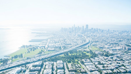 An expansive aerial perspective of the sprawling San Francisco cityscape. The view encompasses a vast urban area with a dense concentration of buildings and a prominent highway system carrying streams of traffic. The shimmering waters of the San Francisco Bay are visible to the left, meeting the city's edge. The distant skyline is softened by a light haze, characteristic of a bright, sunny day. The captures the scale and complexity of a major metropolitan area and its transportation networks.の素材