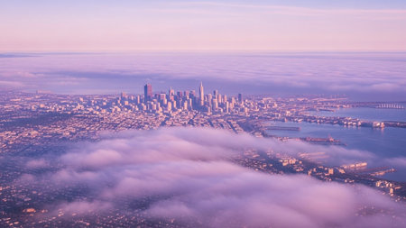 An aerial perspective captures a sprawling city skyline bathed in the soft, pastel hues of sunrise. A thick blanket of ethereal purple and pink fog envelops the lower parts of the city, with only the tallest skyscrapers piercing through the mist. The scene is serene and dreamlike, with the gentle light of dawn illuminating the urban landscape and a distant harbor. The vastness of the city and the atmospheric fog create a sense of wonder and tranquility.の素材
