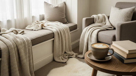 A cozy and inviting corner of a living room is depicted. An upholstered armchair and a built-in window seat are draped with soft, knitted beige blankets and cushions. A small, round wooden coffee table sits nearby, holding a steaming mug of coffee with latte and a stack of books. Natural light streams in from a window with sheer curtains, creating a warm and serene atmosphere. The color palette is neutral and soothing, emphasizing comfort and relaxation.の素材