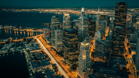 A dynamic aerial view of a modern city at night, showcasing a dense collection of illuminated skyscrapers. Streaks of light from traffic on the roads below create a sense of movement and energy. The city is a vibrant spectacle of glowing windows and streetlights, highlighting the expansive urban landscape and its constant activity.の素材