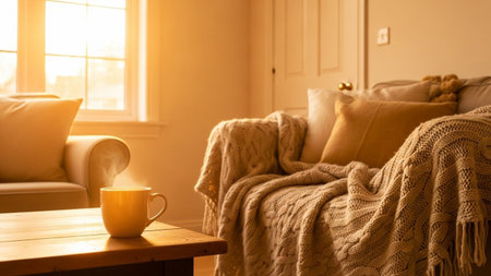 A warm and inviting interior scene of a cozy living room corner bathed in soft, golden sunlight streaming through a window. A comfortable sofa is draped with a textured knitted blanket and several plush pillows. In the foreground, a wooden table holds a yellow mug from which gentle steam rises, suggesting a hot beverage. The overall atmosphere is one of peace, comfort, and relaxation, depicting a hygge lifestyle or a quiet moment at home.の素材