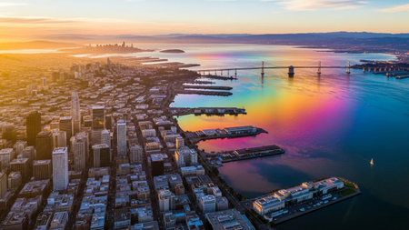 An aerial perspective showcases the San Francisco cityscape and bay at sunset. The sky is painted with warm hues of orange, pink, and purple, casting a golden glow over the scene. A striking rainbow effect is visible on the water's surface, reflecting the vibrant colors of the sky and creating a spectacle. The iconic Bay Bridge spans the water, connecting the city to the East Bay. Numerous buildings and piers dot the urban landscape, with a lone sailboat visible in the distance.の素材