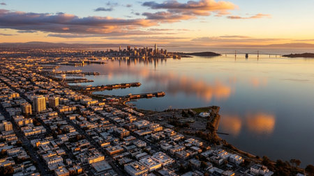 An aerial panoramic view of the San Francisco cityscape during a sunset. The city skyline, with its iconic skyscrapers, is bathed in the warm, golden light of the setting sun. The calm waters of the bay perfectly reflect the vibrant colors of the sky and the city lights. The Bay Bridge stretches across the water, its structure clearly visible. Residential areas with their grid-like streets are in the foreground, leading towards the bustling urban center. The sky is filled with dramatic...の素材