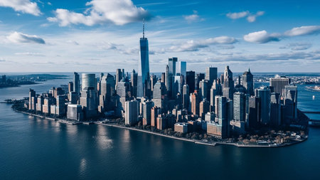 A panoramic aerial view showcases the iconic New York City skyline. A vast expanse of deep blue water surrounds the peninsula, with numerous skyscrapers of varying heights and architectural styles piercing the sky. The prominent One Trade Center stands tall as a focal point. The sky is dotted with white clouds against a bright blue backdrop, suggesting a clear, sunny day. The captures the grandeur and energy of this global metropolis.の素材