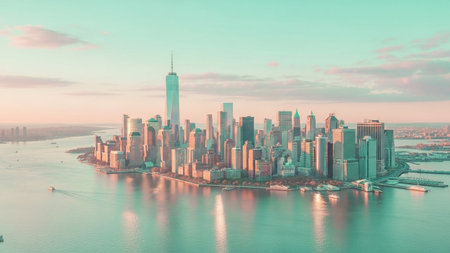 An aerial panoramic view of a sprawling city skyline at dawn. The skyscrapers of Manhattan rise majestically, bathed in the soft, pastel hues of the sunrise. The sky is a blend of soft pinks and blues, with wispy clouds. The city's reflection shimmers on the calm water of the bay or river in the foreground. The overall mood is serene and capturing the beauty of a major metropolis at the start of a new day.の素材