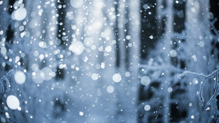 A close-up, soft-focus view of falling snow in a winter forest. Numerous bright, circular bokeh lights are scattered throughout the frame, creating a magical and ethereal atmosphere. The background blurred trees and branches, some of which appear frosted. The dominant colors are white and cool blues against a dark backdrop, evoking a sense of peace and the beauty of a quiet winter day.の素材