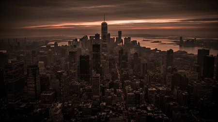 An expansive aerial view captures the New York City skyline at dusk. The cityscape is rendered in dark, moody tones, with the setting sun casting an orange glow on the horizon, contrasting with the deep shadows of the towering skyscrapers. City lights begin to twinkle, creating a dense network of illumination across the urban sprawl. The conveys a sense of immense scale, power, and the vibrant energy of a global metropolis.の素材