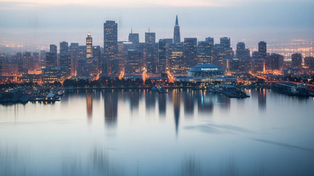 A panoramic view of the San Francisco skyline at dusk. Tall skyscrapers and modern buildings are illuminated by the fading light of day and the glow of city lights. The calm waters of the bay perfectly reflect the urban landscape, creating a serene and peaceful atmosphere. The sky transitions from a soft blue to hues of orange and yellow, adding to the tranquil beauty of this iconic cityscape.の素材