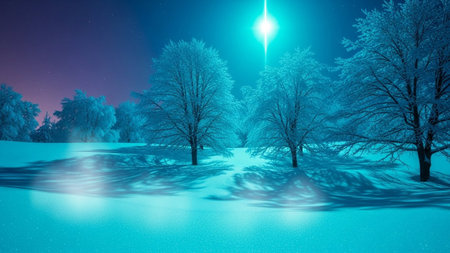 A winter landscape unfolds under a deep twilight sky, transitioning from a soft purple hue near the horizon to a dark, star-speckled expanse above. The ground is blanketed in pristine white snow, reflecting the cool, ethereal light. Tall, slender trees, heavily laden with snow and frost, stand like silent sentinels, their branches intricately detailed and casting long, dramatic shadows across the snowy terrain. A glowing light source, possibly a celestial body or an otherworldly phenomenon,...の素材