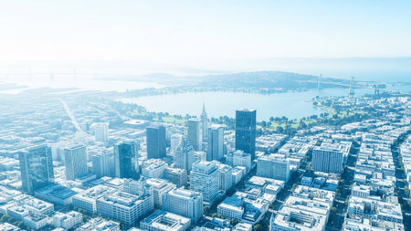 An expansive aerial perspective of the San Francisco cityscape under a bright, hazy daylight. A vast expanse of water, likely the San Francisco Bay, stretches out, dotted with iconic bridges that connect the land. The city's dense collection of modern buildings and skyscrapers forms a striking urban landscape. A soft, ethereal haze or fog lends a gentle, diffused light to the scene, creating a serene and almost dreamlike atmosphere. The color palette is dominated by cool blues and whites,...の素材