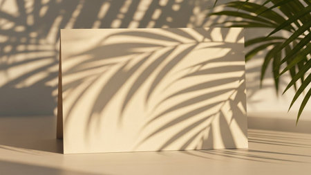 A blank, cream-colored card sits on a light surface, bathed in the soft, warm glow of natural sunlight. The scene is artfully composed with the dappled shadows of palm leaves cast across the card and the background, creating a serene and minimalist aesthetic. The interplay of light and shadow adds depth and texture, making it an mockup for stationery, invitations, or presentations.の素材
