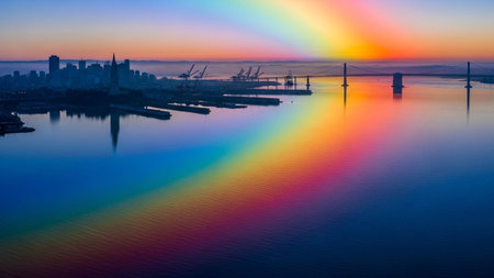 A panoramic view of the San Francisco skyline and the iconic Bay Bridge at sunrise. The sky is a canvas of vibrant colors, transitioning from deep blues to soft pinks and fiery oranges as the sun begins to rise. A rainbow arcs across the scene, its vivid colors perfectly reflected in the calm, deep blue waters of the bay. Silhouettes of city buildings, port cranes, and the bridge create a dramatic contrast against the colorful sky and water. The overall is one of beauty and serene...の素材