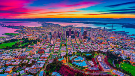 An expansive aerial perspective reveals a densely populated city bathed in the dramatic hues of a vibrant sunset. The sky is a canvas of fiery oranges, deep pinks, and purples, casting a colorful glow over the urban landscape. Buildings of varying heights form a complex network of streets and infrastructure, stretching towards the horizon. Water bodies, possibly a bay or ocean, are visible, reflecting the colorful sky. Green spaces and parks are interspersed within the urban sprawl, adding...の素材